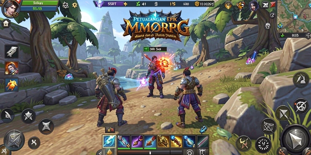 Tampilan gameplay epik 55RT dalam dunia MMORPG.