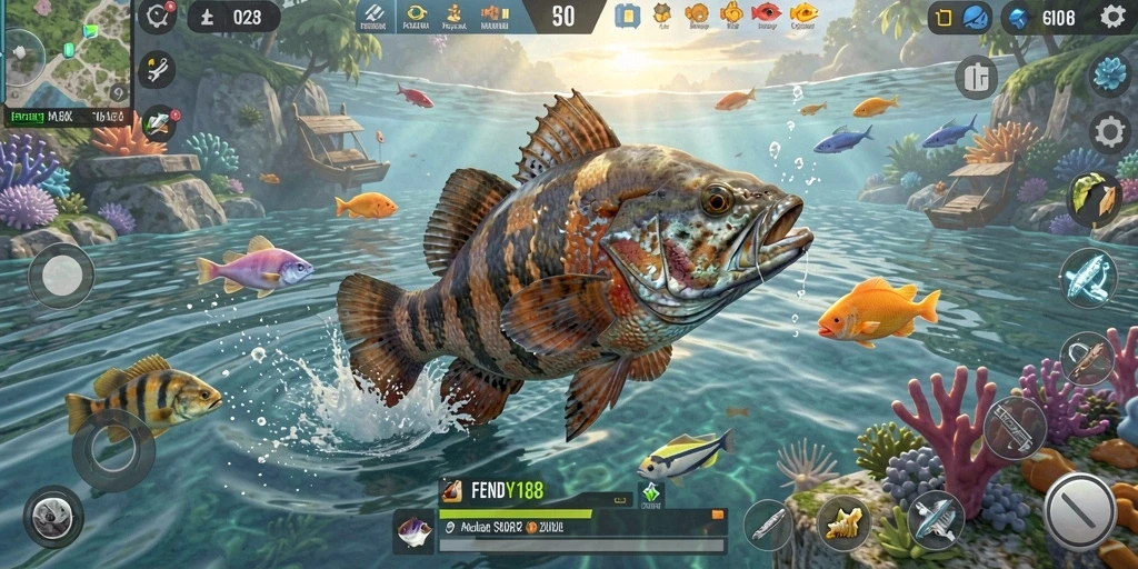 Screenshot utama FENDY188 menampilkan aksi seru menembak ikan di lautan.