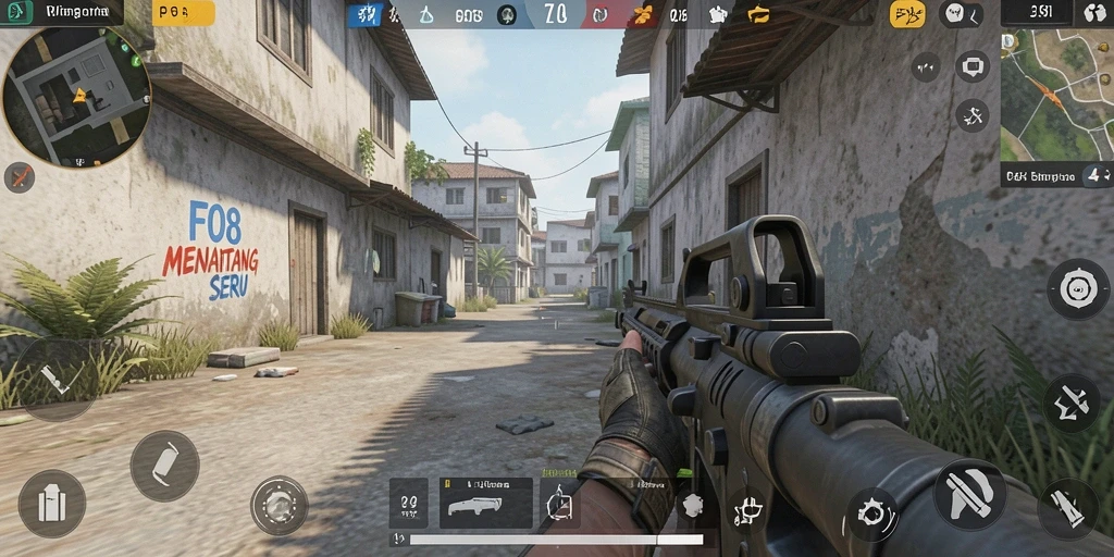 Gameplay FO8 dengan pertempuran FPS yang seru dan intens.