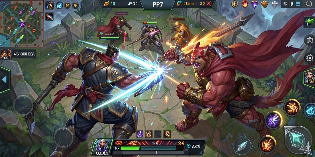 Gameplay seru PP7 dalam pertarungan tim MOBA.