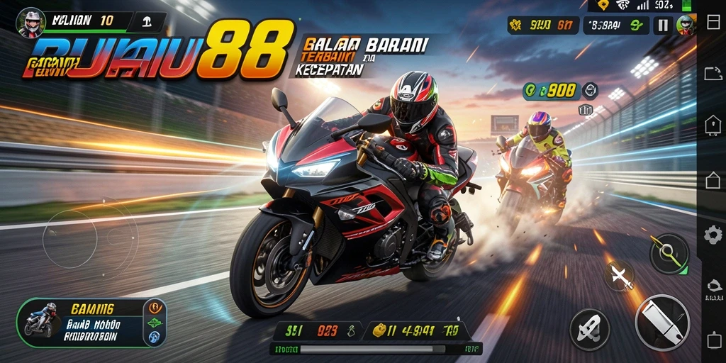 Screenshot menunjukkan aksi balap motor yang intens di PULAU88.