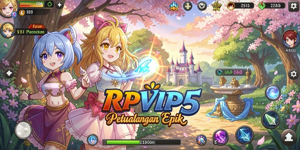 Screenshot gameplay RPVIP5 menunjukkan pertempuran epik di dunia anime.