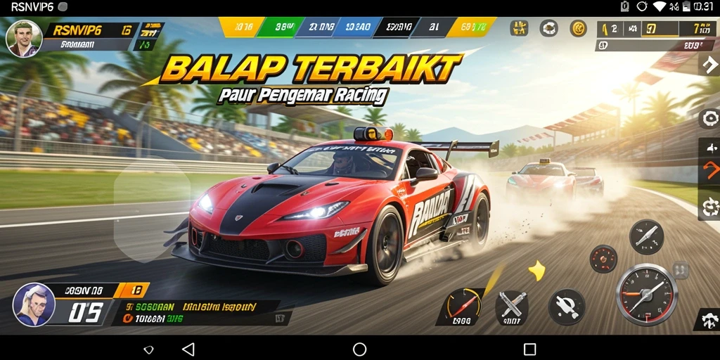 Screenshot RSNVIP6 menampilkan aksi balap yang mendebarkan.