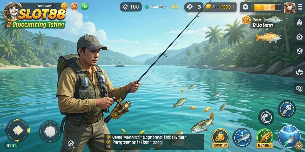 Screenshot utama SLOT88 menampilkan pemain menangkap ikan di lokasi memancing yang indah.