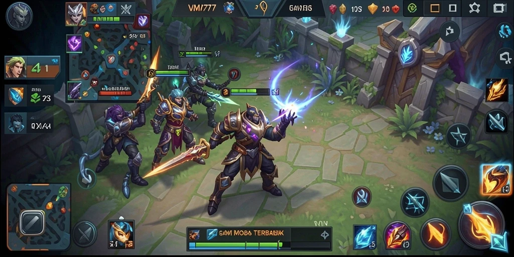 Screenshot gameplay menampilkan pertarungan epik di arena MOBA.